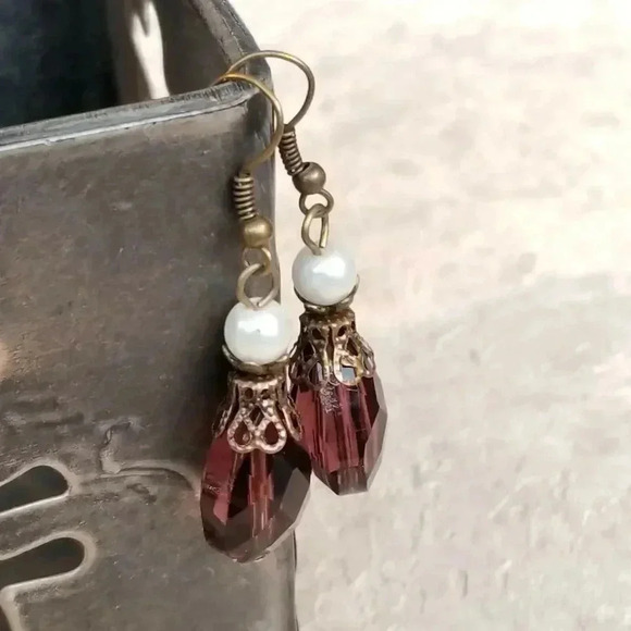 Handmade Steampunk Purple Faceted Glass Teardrop Antiqued Brass Dangle Earrings - Picture 1 of 7